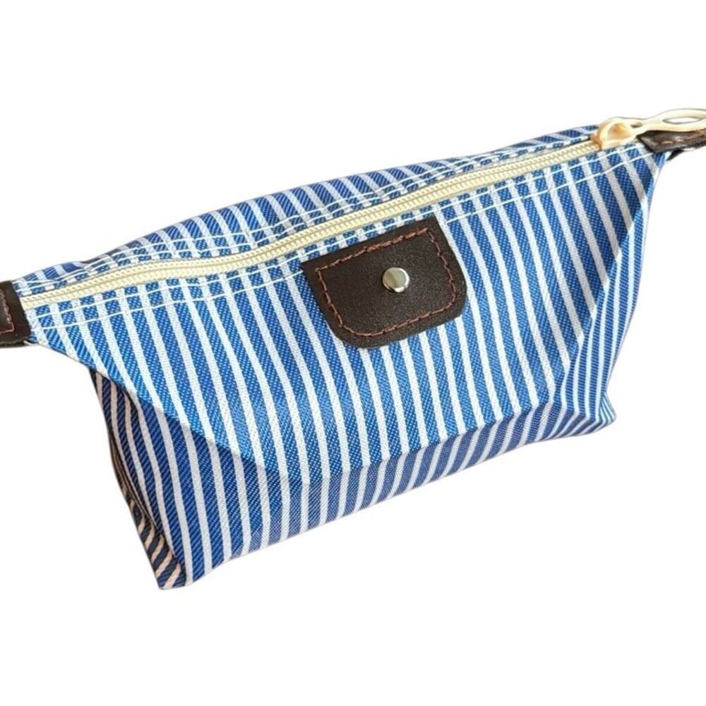 Blue White Striped Canvas Zippered Pouch Pencil Case Travel Organizer Bag New